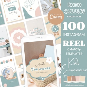 Könnte beinhalten: Eine Sammlung von 100 Instagram-Reel-Cover-Vorlagen für Kinder und E-Commerce-Unternehmen. Die Vorlagen zeichnen sich durch ein Boho-Thema mit Pastellfarben und niedlichen Illustrationen aus. Der Text "BOHO CUDDLES COLLECTION" wird in einer großen, fetten Schrift dargestellt. Der Text "100 INSTAGRAM REEL COVER TEMPLATES" wird in einer kleineren Schrift unter dem Namen der Sammlung angezeigt. Der Text "Kids E-commerce" wird in einer kleineren Schrift unter der Beschreibung der Vorlage angezeigt. Der Text "@hellosuccessdesign" wird in einer kleineren Schrift am unteren Rand des Bildes angezeigt.