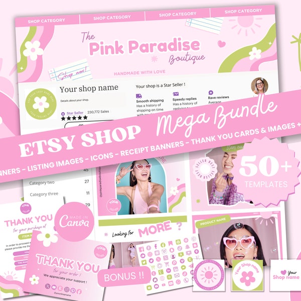 Pink Rainbow Etsy Shop Bundle Etsy Seller Banner Canva Template Pastel Small Business Branding Kit Logo Store Listing Thank You Card PP1