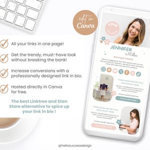 May include: A pink and blue mobile phone mockup with a floral design. The phone screen displays a link in bio template with a woman's photo, text that says "Jennifer Miller, Boutique Owner", and social media icons. The text "Edit in Canva" is on a peach-coloured circle in the top right corner.