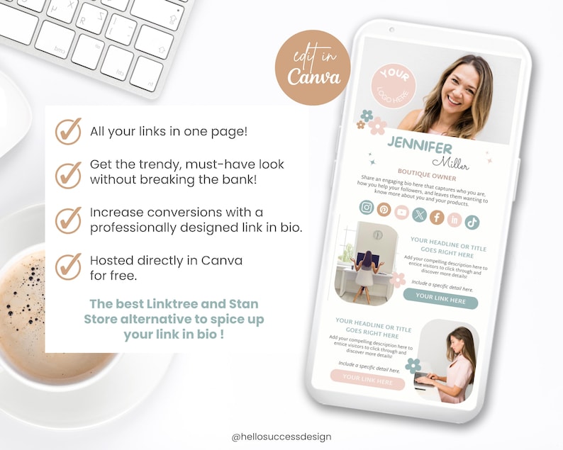 May include: A pink and blue mobile phone mockup with a floral design. The phone screen displays a link in bio template with a woman's photo, text that says "Jennifer Miller, Boutique Owner", and social media icons. The text "Edit in Canva" is on a peach-coloured circle in the top right corner.