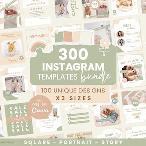 Può includere: Un pacchetto di 300 modelli Instagram, con 100 design unici e tre dimensioni. I modelli presentano una palette di colori pastello e includono vari layout per la promozione dei prodotti, il coinvolgimento dei clienti e le vendite. Il testo sull'immagine include "edit in Canva".