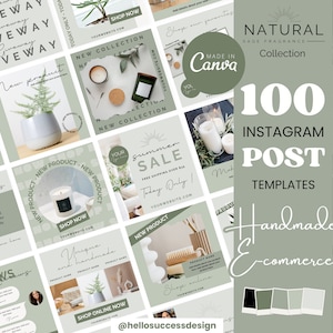 以下が含まれることがあります： 手作りeコマース事業向けのInstagram投稿テンプレート100個のセット。テンプレートは、緑と白のカラーパレットで、植物やキャンドルなどの自然な要素が特徴です。「Natural Sage Fragrance Collection」と「Handmade E-commerce」のテキストが画像に表示されています。