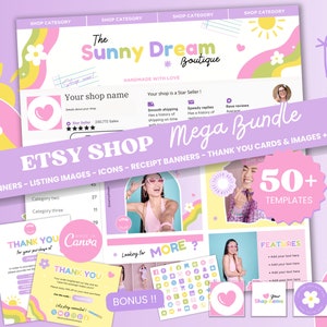 Bundle di negozi Etsy arcobaleno pastello Banner venditore Etsy Modello Canva Kit di branding per bambini per piccole imprese colorate Logo Negozio Biglietto di ringraziamento SD1