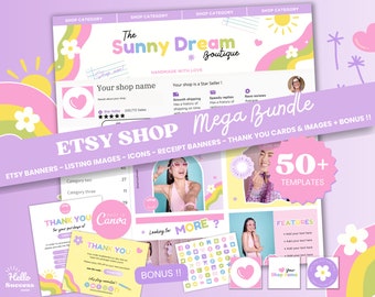 Lot de bannières Etsy pastel arc-en-ciel pour vendeur Etsy, modèle de toile, kit de marque pour enfants colorés pour petites entreprises, logo, carte de remerciement SD1