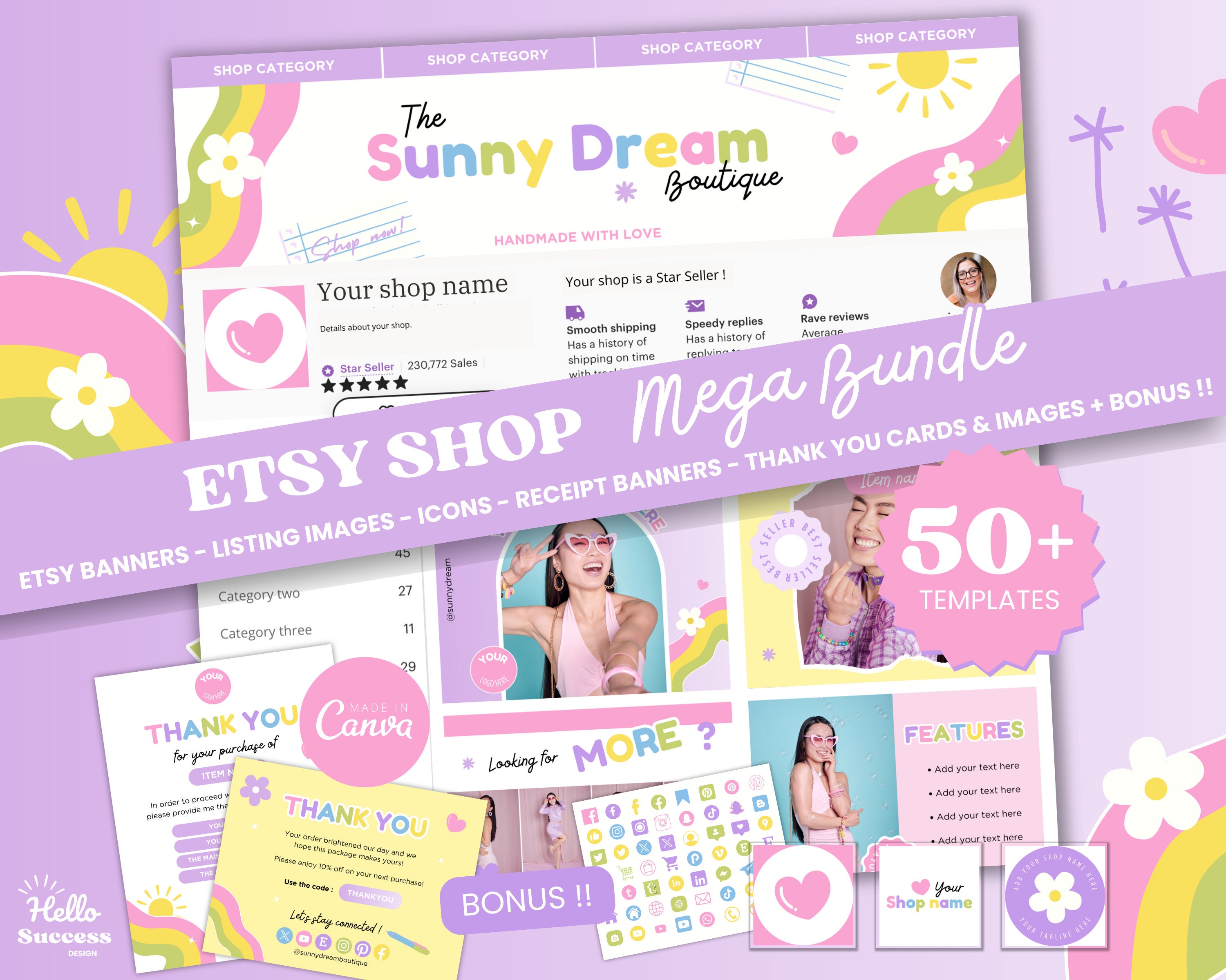 Pastel Rainbow Etsy Shop Bundle Etsy Seller Banner Canva Template ...