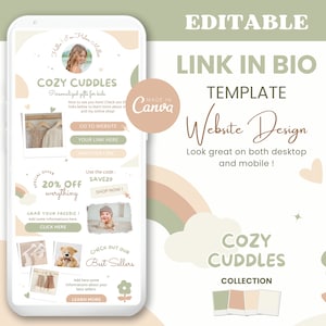Könnte beinhalten: Ein Telefonbildschirm-Mockup, das eine Link-in-Bio-Vorlage für eine Website zeigt. Die Vorlage verfügt über ein pastellfarbenes Farbschema mit Illustrationen von Herzen, Sternen und Blumen. Der Text "Cozy Cuddles" ist in einer großen Schriftart dargestellt. Die Vorlage enthält Links zu einer Website, einem Gratisprodukt und den Bestsellern. Der Text "Made in Canva" ist ebenfalls enthalten.