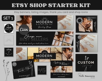 Könnte beinhalten: Ein Etsy Shop Starter Kit, Set 1, mit Etsy-Bannern, Listing-Bildern, Dankeskarten und Shop-Icons. Das Design verwendet Schwarz-Weiß-Elemente und enthält den Text "MODERN MINIMALISM Jewelry Shop", "Shop our BEST SELLERS" und "CUSTOM Listing".