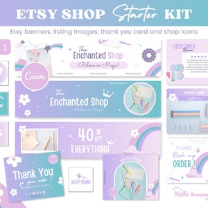 Puede incluir: Un conjunto de gráficos para tienda Etsy con un esquema de color pastel con arcoíris, nubes y flores. Los gráficos incluyen banners, imágenes de productos, una tarjeta de agradecimiento e iconos de tienda. El texto en los gráficos incluye "The Enchanted Shop", "Believe in Magic!" y "40% de descuento en todo".