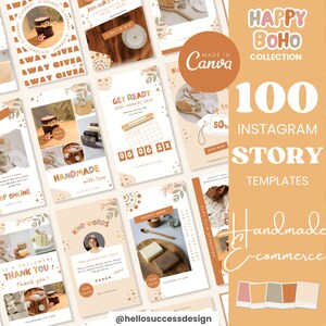 Può includere: 100 modelli di storie Instagram per le aziende di e-commerce artigianale. I modelli presentano un'estetica boho con colori caldi, illustrazioni di foglie e stelle e testo in una varietà di font. I modelli sono progettati per aiutare le aziende a promuovere i propri prodotti, annunciare le vendite e connettersi con i clienti.