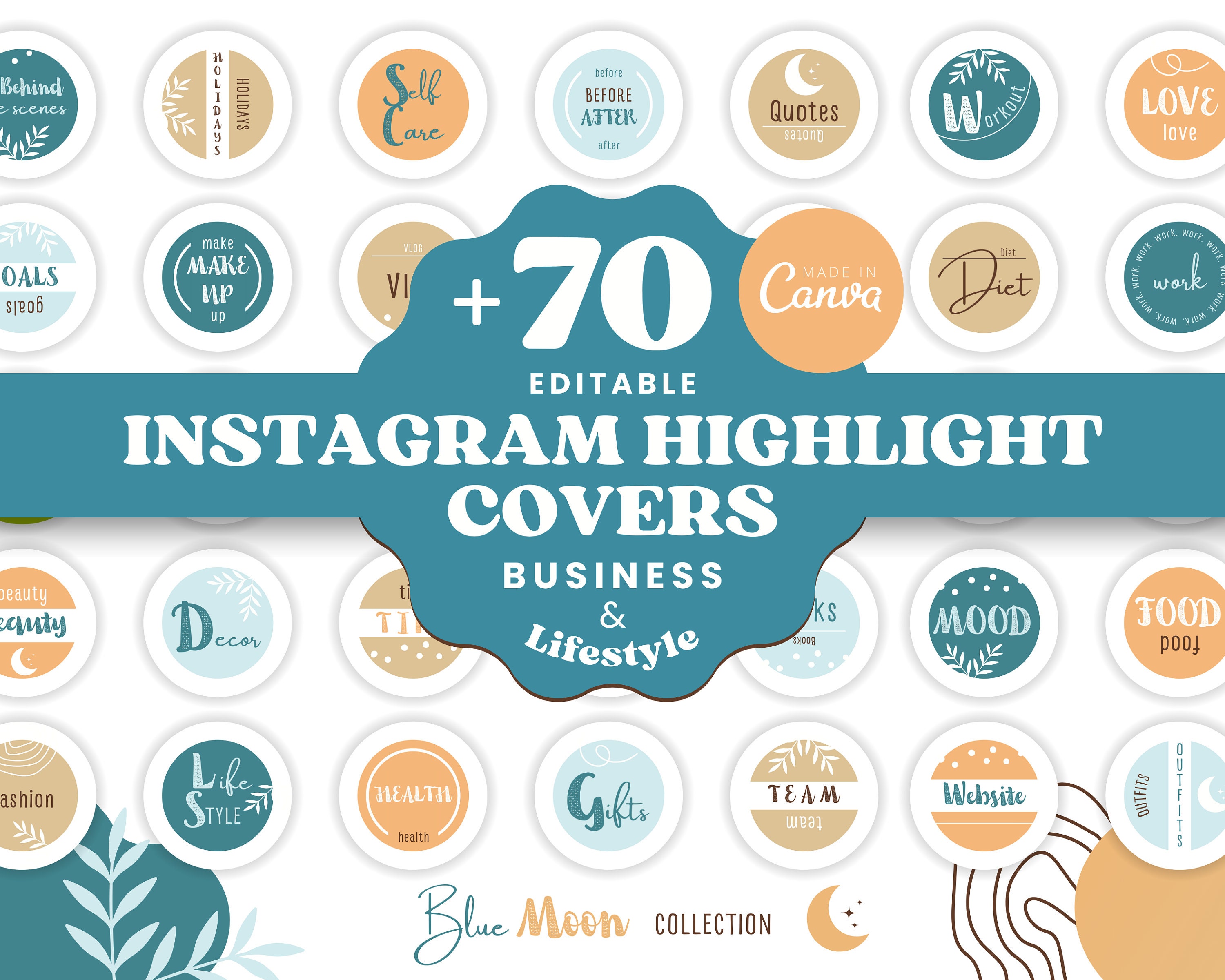 Blue Moon Editable Instagram Highlight Covers - Colorful Boho Natural Pastel Icons Canva Templates - Social Media Stories Small Business BM2