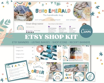 Boho Emerald Rainbow Etsy Shop Kit - Etsy-verkoper Banner Canva Templates Kleurrijk Small Business Groen Groovy Branding Logo Store Bundel BE1