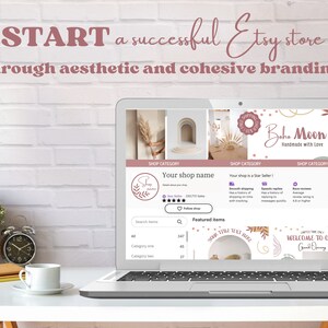 May include: A laptop computer screen displaying an Etsy shop homepage with the name "Boho Moon Handmade with Love". The shop has a five-star rating and features a variety of products, including a welcome sign, a text overlay, and a variety of other items. The shop's branding is cohesive and aesthetically pleasing, with a color scheme of pink, brown, and white.