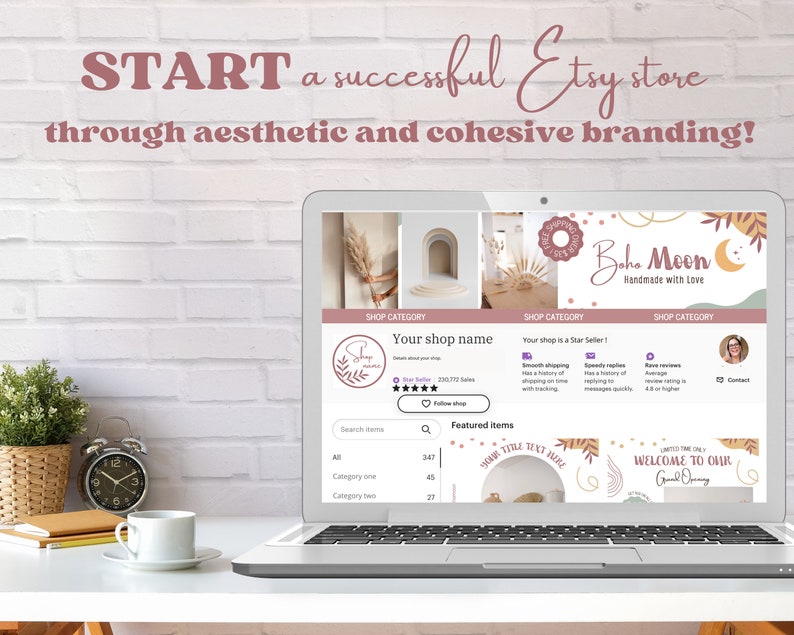 May include: A laptop computer screen displaying an Etsy shop homepage with the name "Boho Moon Handmade with Love". The shop has a five-star rating and features a variety of products, including a welcome sign, a text overlay, and a variety of other items. The shop's branding is cohesive and aesthetically pleasing, with a color scheme of pink, brown, and white.