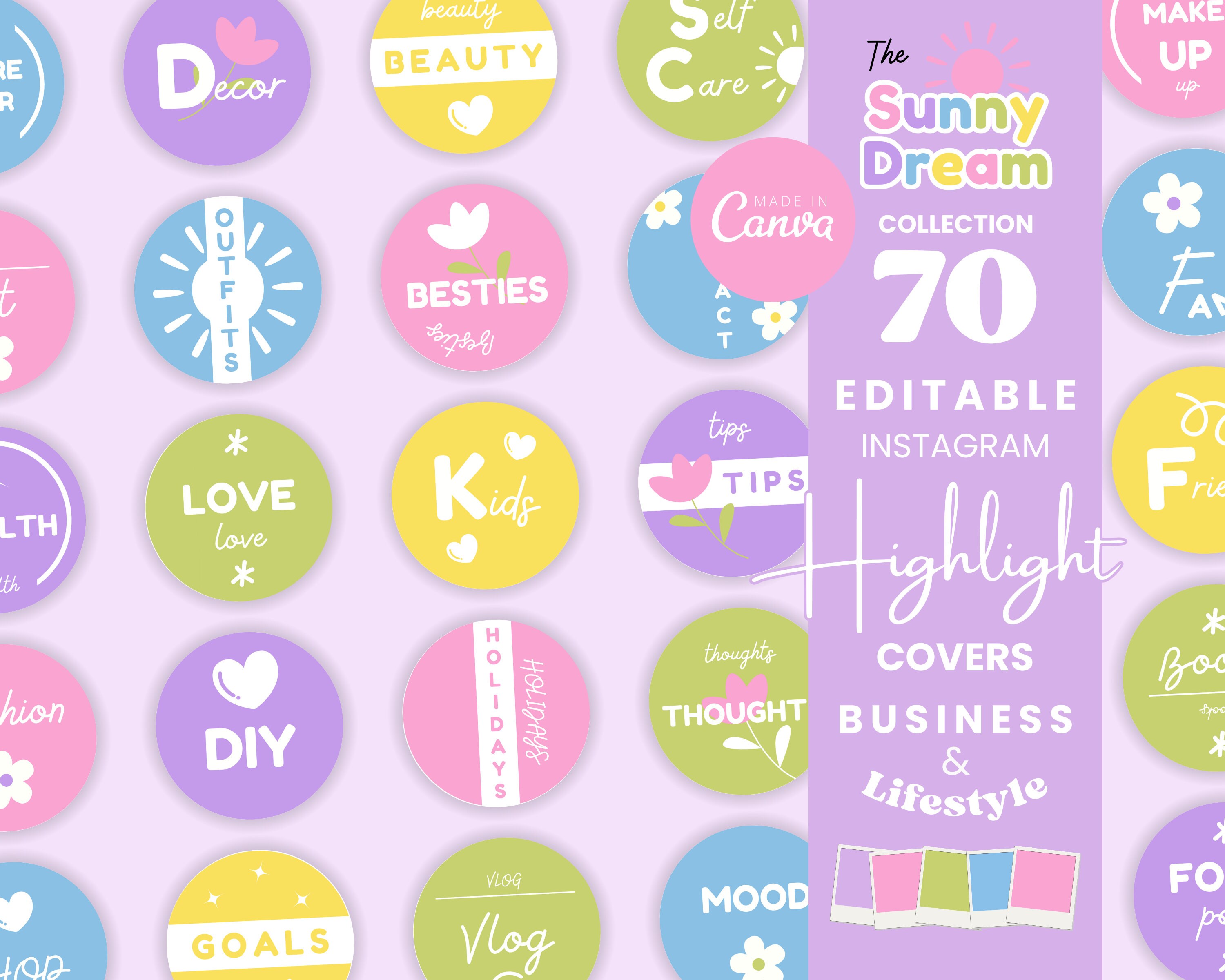 Editable Pastel Colorful Highlight Covers - Rainbow Instagram Icon Bundle - Pink Purple Covers for IG Stories Flowers Instagram Branding SD1