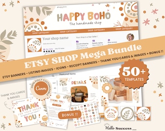 Etsy Shop Bundle Etsy Shop Banner Canva Template Branding Kit Listing Banner Mockup Rainbow Bright Colorful Branding Happy Boho HB1
