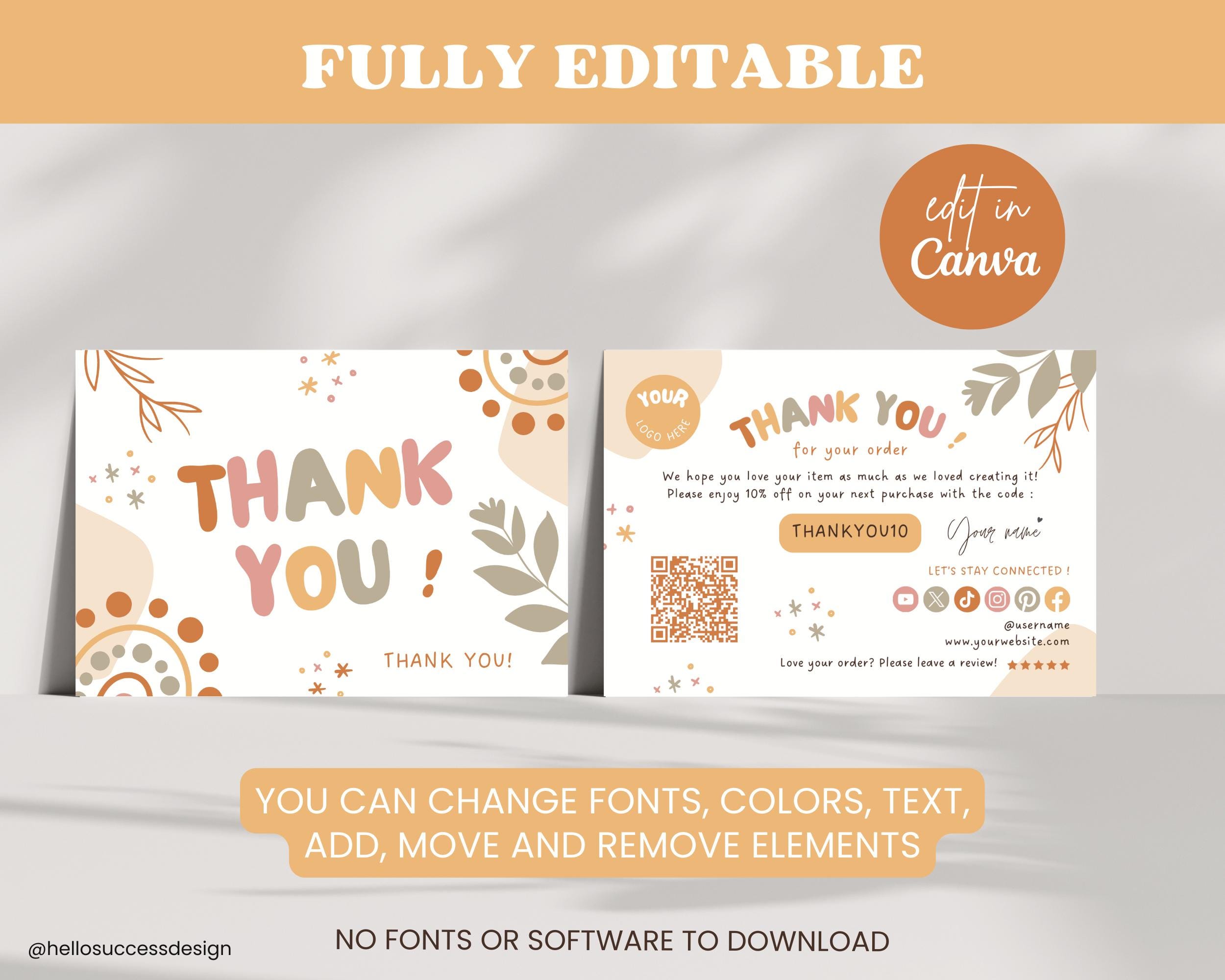 Editable Boho Thank You Card Canva Template, Colorful Package Insert ...