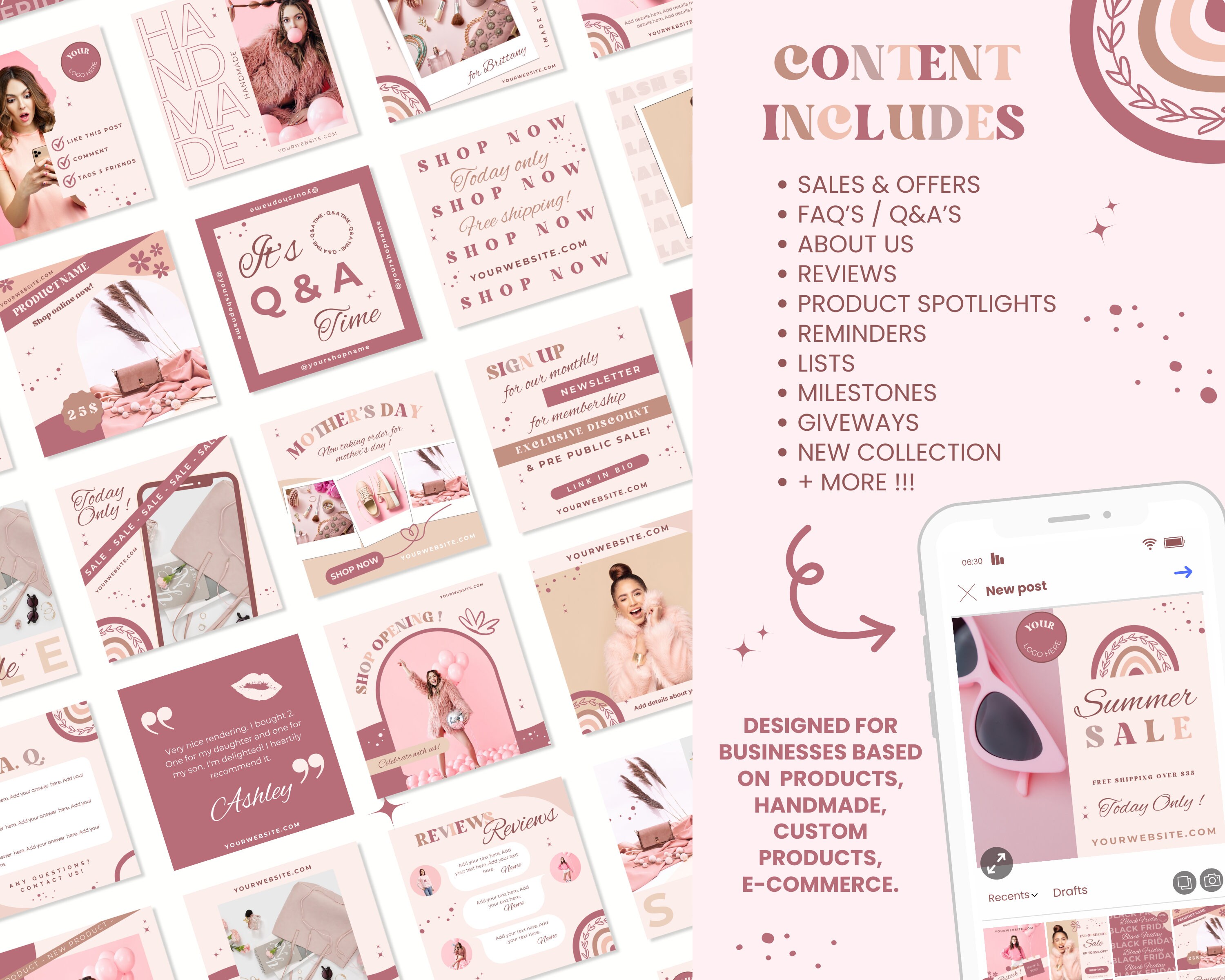 Blush Pink Instagram Post Templates - Feminine Boho Handmade Business ...
