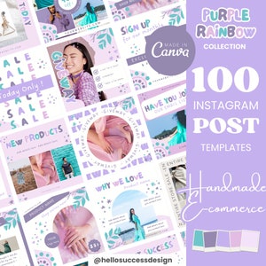 Puede incluir: Una colección de 100 plantillas de publicaciones de Instagram en morado, rosa y turquesa. Las plantillas presentan una variedad de diseños, que incluyen texto, gráficos y fotos. El texto en la imagen dice "Purple Rainbow Collection 100 Instagram Post Templates Handmade E-commerce".