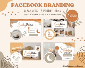 Könnte beinhalten: Ein Grafikdesign für Facebook-Branding mit Bannern und Profilsymbolen. Das Design verwendet eine warme Farbpalette und enthält den Text "Earthy Boho". Es gibt Illustrationen von Kerzen und botanischen Elementen. Der Text enthält "Vollständig editierbar, um zu Ihrer Marke zu passen."