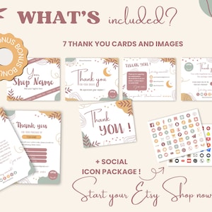 May include: A set of seven thank you cards with a boho aesthetic featuring a moon, stars, and leaves. The cards are in a light pink, beige, and green color scheme. The cards are designed for Etsy shops and include a social media icon package.