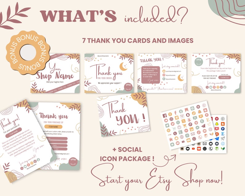 May include: A set of seven thank you cards with a boho aesthetic featuring a moon, stars, and leaves. The cards are in a light pink, beige, and green color scheme. The cards are designed for Etsy shops and include a social media icon package.