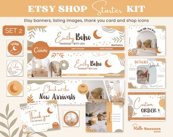 Earthy Boho Etsy Shop Kit 2-Modern Oranje Shop Banner Canva Sjabloon Natuurlijke Branding Bundel Listing Banner Mockup Helder Kleurrijk Thema EB1