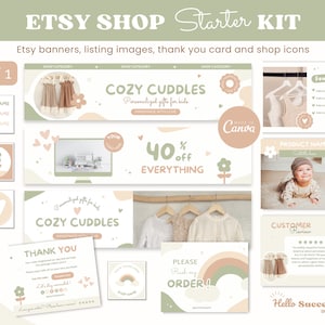 Saliegroen Cottagecore Etsy Shop Kit 1 - Kinderen Baby Handgemaakt Product Banner Sjablonen Kleurrijk Kleine Bedrijven Leuke Bloem Regenboog Branding CC1