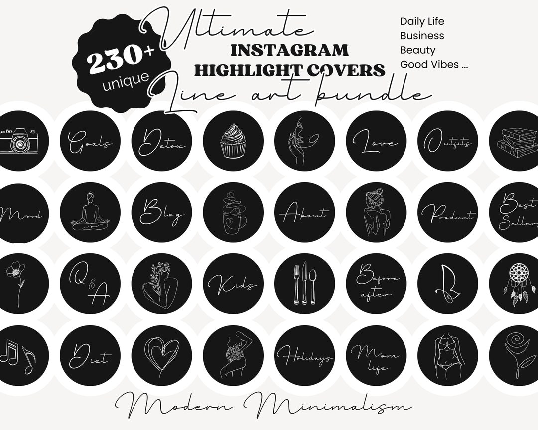 230 Instagram Black Minimalist Line Art Highlight Covers Modern Icons ...