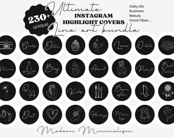 230+ Instagram Black Minimalist Line Art Highlight Covers - Modern Icons - Covers for Instagram Stories Aesthetic IG Lifestyle Business MM1