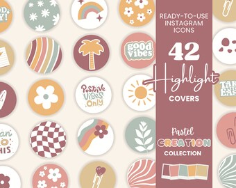 42X Groovy Rainbow Highlight Covers - Pastel Boho Positieve Vibes Happy Bright Instagram Icon Bundle Kleurrijke Covers IG Story Branding PC1