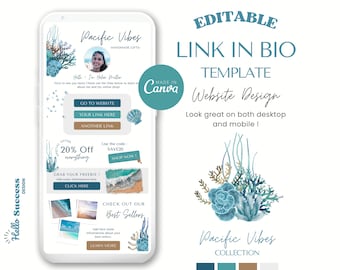 Ocean Vibes Blue Link In Bio Canva-sjabloon - Teal Coral Reef Links Website Instagram Sheel Seaweed Landingspagina Website Small Business Small Business PV1