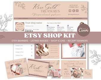 Rosegouden Etsy Shop Kit - Minimale Etsy Shop Banner Canva Sjabloon Branding Listing Vintage Romantisch Blush Rose Elegante Branding Bundel RG1