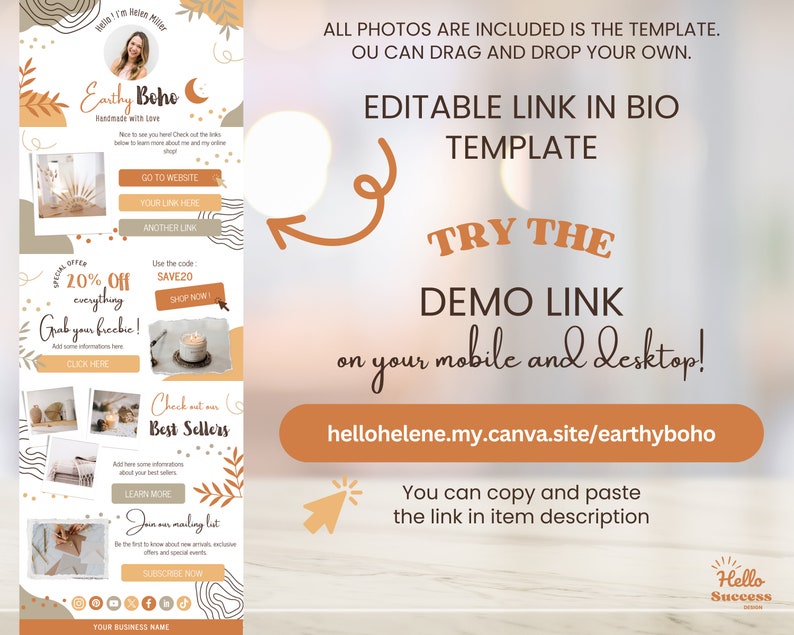 Modern Boho Link in Bio Canva Template - E-shop Natural Earthy Orange ...
