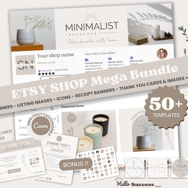 Neutral Minimalist Etsy Shop Bundle Beige Etsy Shop Banner Canva Template Aesthetic Branding Kit Light Brown Listing Banner Branding MT1