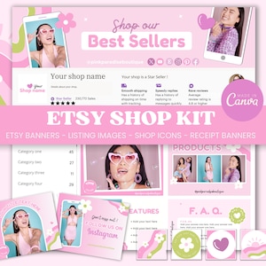 May include: Pink and green graphic design elements with a pink background. The text "Shop our Best Sellers" is at the top of the image. The text "Etsy Shop Kit" is in the center of the image. The text "Etsy Banners - Listing Images - Shop Icons - Receipt Banners" is below the text "Etsy Shop Kit". The image also includes a variety of other text, including "Your shop name", "Your shop is a Star Seller!" and "Made in Canva".