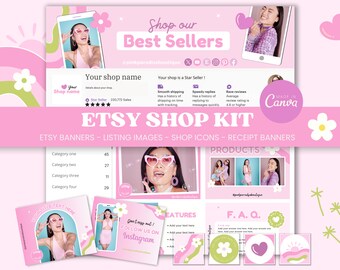 Könnte beinhalten: Rosa und grüne grafische Designelemente auf rosa Hintergrund. Der Text "Shop our Best Sellers" befindet sich oben im Bild. Der Text "Etsy Shop Kit" befindet sich in der Mitte des Bildes. Der Text "Etsy Banners - Listing Images - Shop Icons - Receipt Banners" befindet sich unter dem Text "Etsy Shop Kit". Das Bild enthält auch eine Vielzahl anderer Texte, darunter "Your shop name", "Your shop is a Star Seller!" und "Made in Canva".