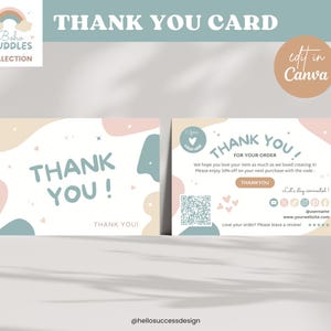 Bewerkbare pastelkleurige bedankkaartcanvasjabloon, pastelkleurige bijsluiterkaart, QR-code, boho Bedankt-bestellingskaart, Kid Baby Productbranding BC1