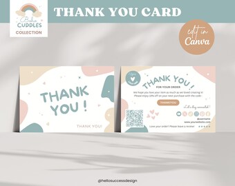 Bewerkbare pastelkleurige bedankkaartcanvasjabloon, pastelkleurige bijsluiterkaart, QR-code, boho Bedankt-bestellingskaart, Kid Baby Productbranding BC1