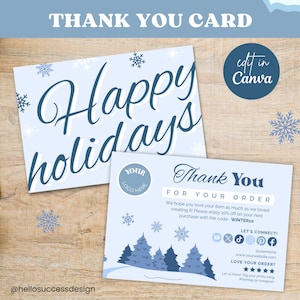 Könnte beinhalten: Eine blaue und weiße Dankeskarte mit Winterthema. Die Karte sagt "Frohe Feiertage" und "Vielen Dank für Ihre Bestellung". Sie enthält auch einen Rabattcode, "WINTER10", und Social-Media-Icons.