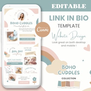Peut inclure: L'écran d'un téléphone mobile affichant un modèle de lien dans la bio pour un site web. Le modèle présente un schéma de couleurs rose et bleu avec des illustrations de nuages, de cœurs et d'étoiles. Le texte "BOHO CUDDLES" est affiché en grande police en haut du modèle. Le texte "MADE IN CANVA" est affiché dans un cercle en haut à droite du modèle.