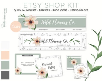 Wildflower Etsy Shop Kit - salie groen aquarel madeliefje winkel sjabloon voor spandoek Branding listing Leaf Shop pictogram groen logo Small Business WF1