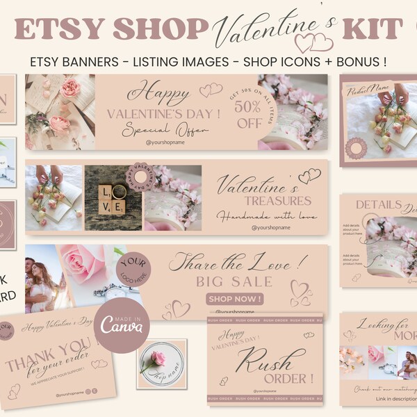 Valentine's Rose Gold Etsy Shop Kit Line Art Heart Sale Banner Template Bundle Thank You Card Vintage Romantic Blush Elegant Branding RG1