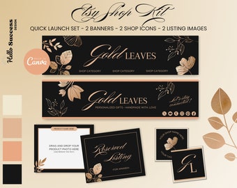Rose goud groen Etsy Shop Kit - elegante zwarte winkel spandoeksjabloon donkere bloemen branding ginkgo blad pictogram bloem logo klein bedrijf GL1