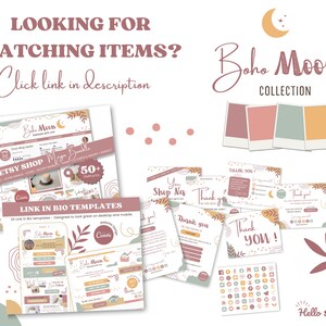 May include: A collection of digital templates for social media featuring a boho moon theme. The templates are designed for use on desktop and mobile devices. The templates include a variety of designs, such as "Shop Now", "Thank You", and "Etsy Shop". The templates are decorated with leaves, moons, and stars in shades of pink, brown, and green.