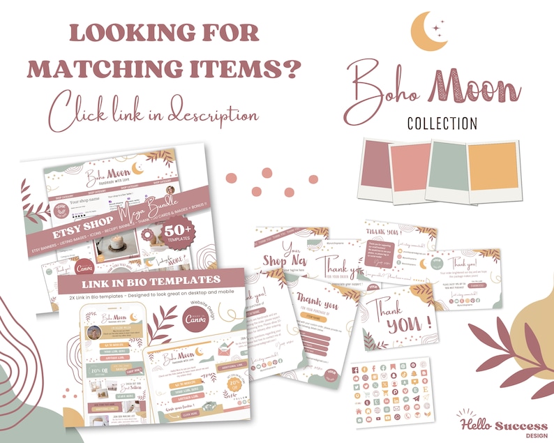 May include: A collection of digital templates for social media featuring a boho moon theme. The templates are designed for use on desktop and mobile devices. The templates include a variety of designs, such as "Shop Now", "Thank You", and "Etsy Shop". The templates are decorated with leaves, moons, and stars in shades of pink, brown, and green.