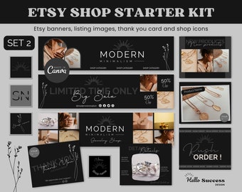 Zwarte Etsy Shop Kit 2 Modern Minimalisme Donkere Etsy Shop Banner Bedankkaart Canva Sjabloon Esthetische Branding Pack Listing Bundel MM1