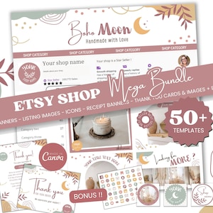 May include: A pink and beige digital graphic design template bundle for Etsy shops. The bundle includes 50+ templates for Etsy banners, listing images, icons, receipt banners, thank you cards, and images. The text "Mega Bundle" is written in a large font on a pink background. The text "50+ Templates" is written in a smaller font on a pink circle.
