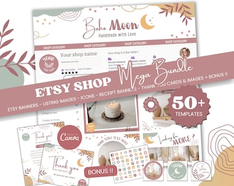 Boho Moon Etsy Shop Bundle Modern Etsy Shop Banner Kit Canva Template Pastel Colorful Branding Listing Mockup Branding Thank You Card BM1