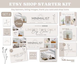 Può includere: Una collezione di modelli di kit di avvio per negozi Etsy in stile minimalista. Include banner, immagini di prodotti, biglietti di ringraziamento e icone del negozio. Il testo include "Minimalist Treasures", "Limited Time Only Big Sale" e "Made in Canva".