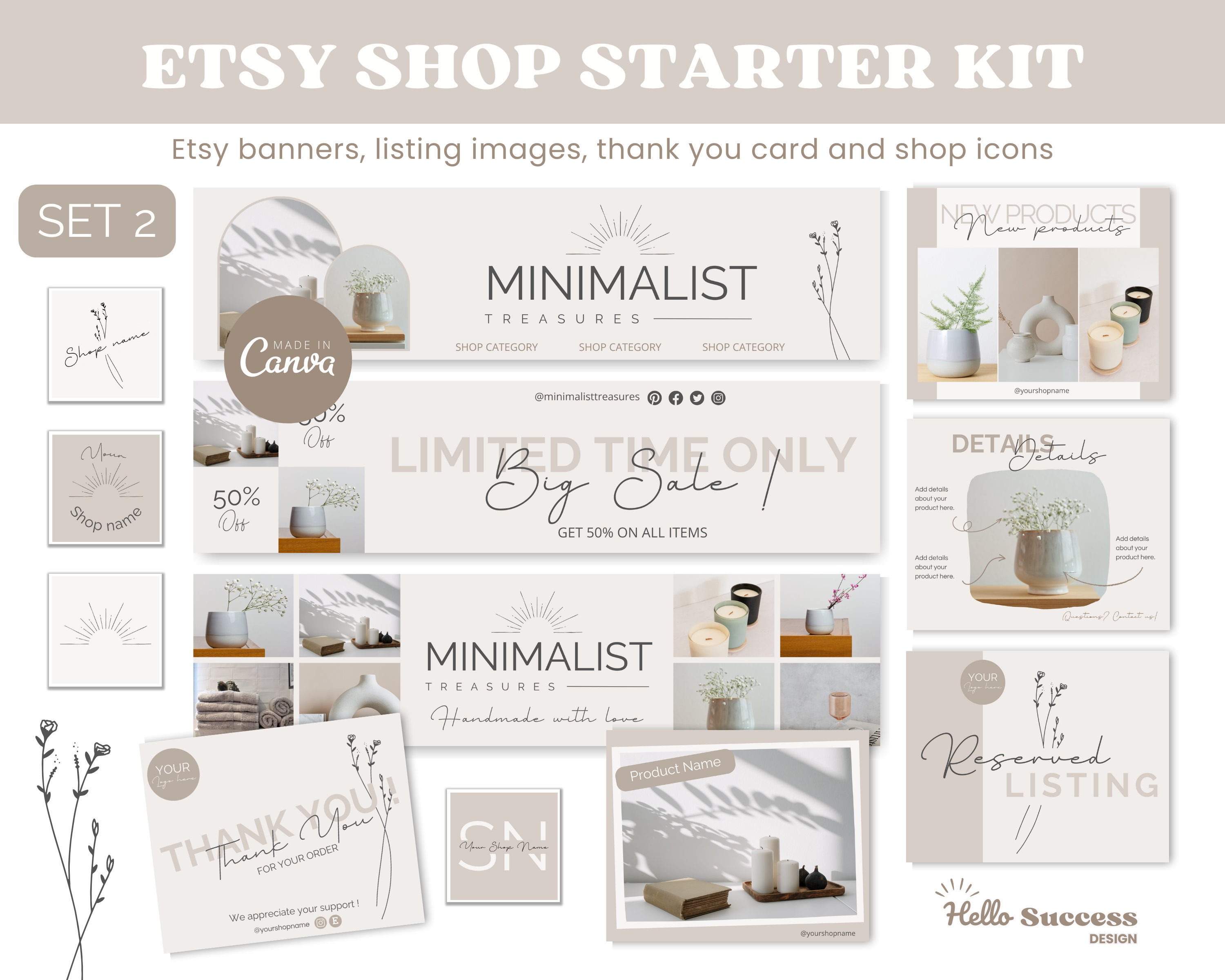 Neutral Minimalist Etsy Shop Kit Set 2 Beige Etsy Shop Banner Canva Template Aesthetic Branding ...